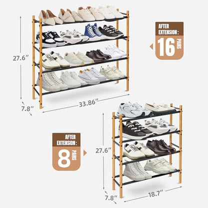 Storage MANIAC Expandable Shoe Rack, 16 Pairs Stackable Small Shoe Rack, Metal Adjustable Shoes Organizer for Closet, Entryway, Hallway, Garage, Front Door, Shoes Shelves, Bamboo 4 Tier - size: 4 Tier