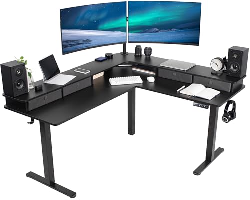 VIVO Black 63 x 55 in Corner Standing Desk, DESK-E3CVB | Electric, 2-Tier, Holds 225 lbs, L-Shaped, Sit Stand, Height Adjustable, Memory Presets, Black Frame, Dark Gray Drawers - color: Black Top / Black Frame, size: 55 x 63 + storage