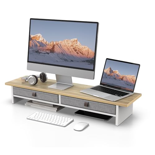 Fenge 35 Inch Monitor Stand with Drawer Storage, Computer Riser for Desk | Wooden Computer Shelf, 2 Tiers, for Dual Monitor/Laptop/PC/TV/Printer up to 55Lbs, Home Office Desk Organizer - color: Oak