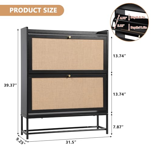 Narrow Shoe Storage Cabinet for Entryway with 2 Flip Drawers, Black | Freestanding Narrow Shoe Cabinet with Natural Linen Panel, Slim Wood Shoe Organizer Closed Shoe Rack for Hallway, Foyer - color: Black, size: 2 Drawers Standard