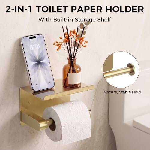 5 Piece 23.6 Inch Brushed Gold Bathroom Hardware Accessories Set | Stainless Steel Bath Extended Towel Bar, Toilet Paper Holder with Shelf, Round Towel Ring Wall Mounted, Towel Hooks