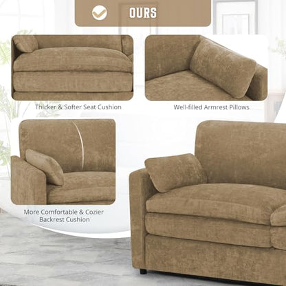 89" Chenille 3 Seats Sofa with 2 Pillows, Camel | Modern Upholstered Sofa with Deeper Seats, Comfy Sofa with Thickened Cushions for Living Room, Apartment - color: Camel, size: Sofa