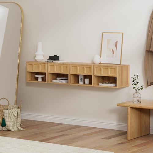 Farmhouse Floating nightstands Set of 4, Small Wall Mounted Storage Cabinet with Drawer Open Shelf, Wood Bedside End Table for Bedroom, Living Room, Natural Oak - size: 4 PCS