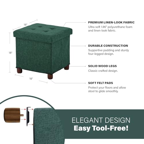 15 Inches Storage Ottoman with Wooden Legs, Cube Foot Rest Stool/Square Footstool Storage for Living Room, Foldable Fabric Ottoman, Comfortable Seat with Lid, Space-Saving Green