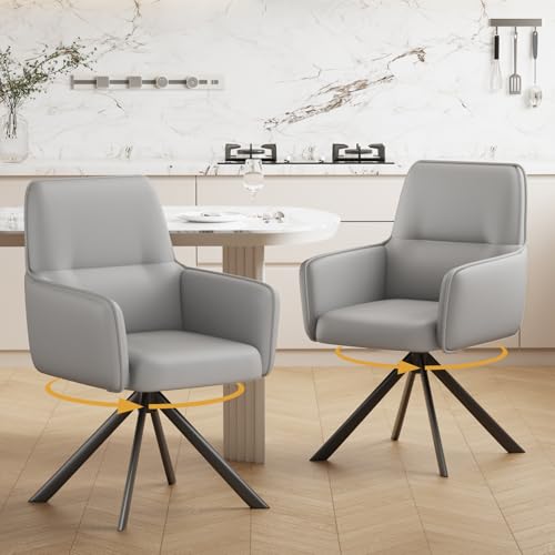 360° Swivel Dining Chairs Set of 2, Modern Upholstered Dining Room Chairs with Thicken Cushion, Dining Chairs with Armrests Swivel Kitchen Chairs for Living Room, PU, Grey - color: Grey, size: Set of 2