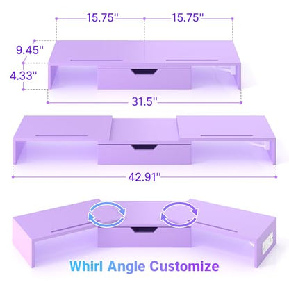 Dual Monitor Stand with USB Ports Wood Monitor Stand Riser with Drawer | Adjustable Desk Shelf,Desk Organizer for Computer,Laptop,Study&Office,No Assembly Required,Pink