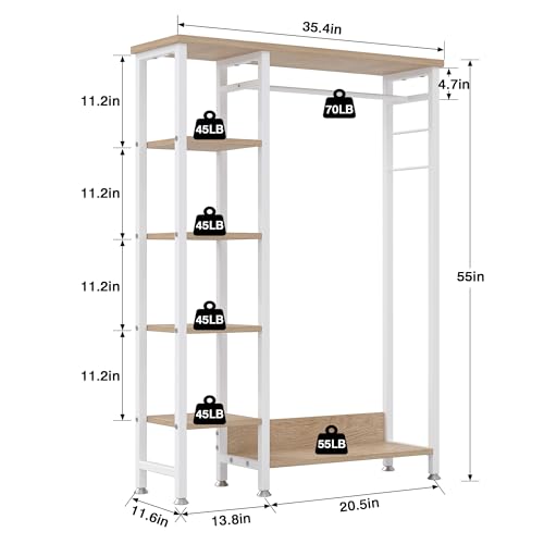 VECELO Open Garment Clothing Rack, Free-Standing Heavy Duty Storage Closet with 5 Shelves and Hanging Rod for Small Spaces, Max Load 350LBS, Nature White - color: Nature White