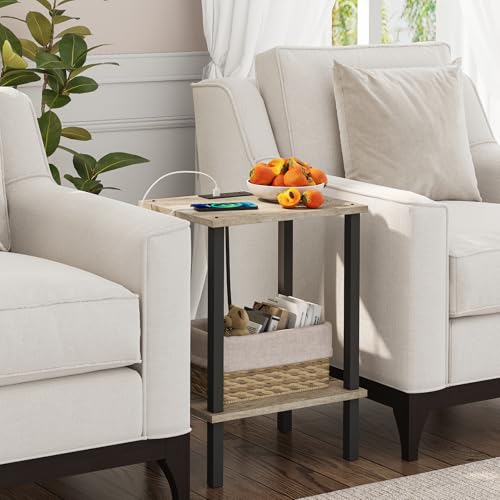 TUTOTAK End Table with Charging Station, Side Table Set of 2, Nightstand | 2-Tier Storage Shelf, Bedside Table with USB Ports, Sofa Table for Small Space, Livingroom, Bedroom Greige V1TB01BG041 - color: Greige