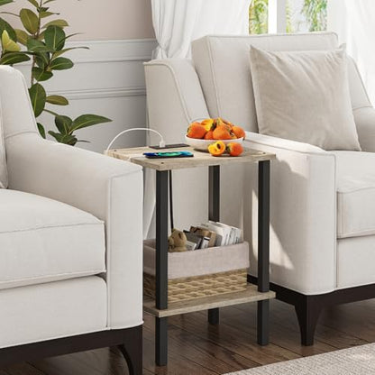 TUTOTAK End Table with Charging Station, Side Table Set of 2, Nightstand | 2-Tier Storage Shelf, Bedside Table with USB Ports, Sofa Table for Small Space, Livingroom, Bedroom Greige V1TB01BG041 - color: Greige