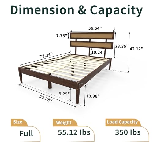 VINGLI Solid Wood Full Size Rattan Bed Frame with Headboard, Boho Platform Panel Bed,Brown - size: Full