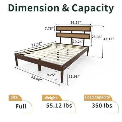 VINGLI Solid Wood Full Size Rattan Bed Frame with Headboard, Boho Platform Panel Bed,Brown - size: Full