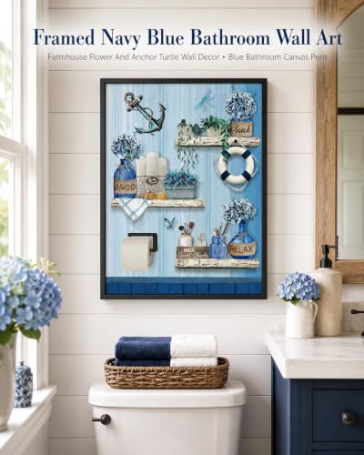 Framed Navy Blue Bathroom Wall Art Farmhouse Flower And Anchor Turtle Pictures Wall Decor Blue Bathroom Picture Canvas Print For Washroom Home Painting24x16 Inch - color: blue1, size: 16"L x 24"W