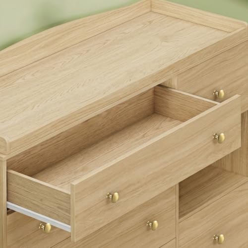 Kids Dresser Cabinet with 6 Drawers, Changing Table for Nursery with Shelf, Multi-Functional Chest of Drawers, Kids Bedroom Furniture, Nightstand for Children's Room, Natural - color: Natural