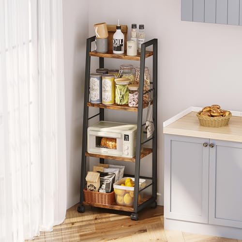 Homeiju 4 Tier Kitchen Storage Cart with Lockable Wheels & 6 Hooks, Mobile Utility Organizer Rolling Cart for Small Spaces, Bar Cart for Kitchen and Living Room, Rustic Brown