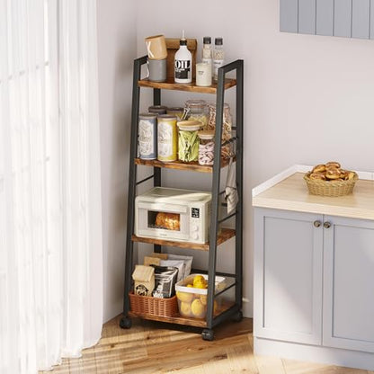 Homeiju 4 Tier Kitchen Storage Cart with Lockable Wheels & 6 Hooks, Mobile Utility Organizer Rolling Cart for Small Spaces, Bar Cart for Kitchen and Living Room, Rustic Brown