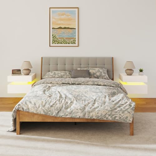 Floating Nightstand Set of 2,Modern Bedside Tables with LED Light for Bedroom,Small Night Stands with Drawers, Wall Mounted End SideTables Set for Living Room - color: White