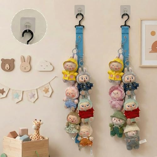 Plush Doll Hanging Storage Rope Display Rack with 8 Clips – Wall Hanging Organizer for Keychain Plushies, Mini Toys– Holds up to 3kg (Blue) - color: Blue