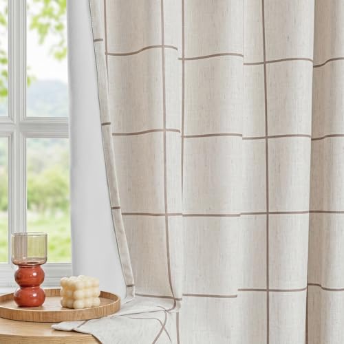 MYSKY HOME 100% Blackout Plaid Linen Farmhouse Curtains 72 Inch Length 2 Panels Set Double Layer Thermal Insulated Black Out Checkered Patterned Window Treatment, 2 Pcs, 52" Wide Each Panel, Brown - color: Brown, size: 52"W x 72"L (Pack of 2)