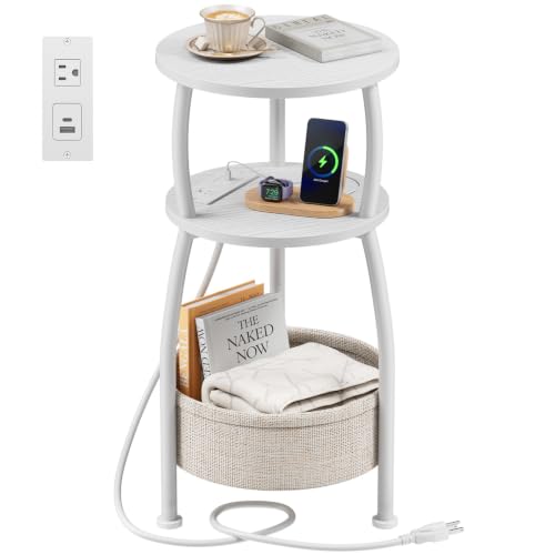 Side Table with Charging Station, Small Round End Table with Basket | Small Table with Power Outlet Type-C Port, Coffee Table Stand for Living Room, Nightstand for Bedroom, 11.81in, Matte White - color: Matte White, size: 11.81" Dia With Power Strip