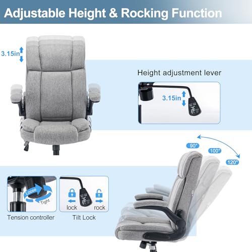 Fabric Office Chair High Back Executive Ergonomic Chair Flip Arms | Premium cloth fabric office chair with high back ergonomic support, flip-up arms, adjustable height, 90°-120° tilt function - color: Grey