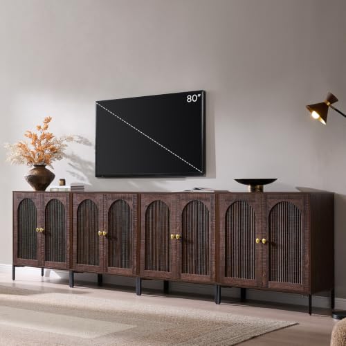 IFBUY 123.5" W Mid Century Modern TV Stands for Living Room, Brown | Wood Entertainment Center w/Adjustable Shelves, Media Console w/Arched Fluted Doors, Entryway Cabinet Fits 80, 85, 95 Inch TV - color: Brown, size: 15.75"D x 123.5‬"W x 34"H