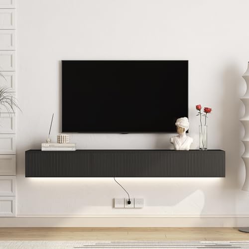 Floating TV Stand Wall Mounted with Led Lights, 69" Modern Floating Entertainment Center, Large Storage Media Console Wall Unit for Living Room Bedroom, Black - color: Black, size: 69" W x 9.17" H