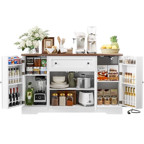 55.1" Buffet Cabinet with Storage, Charging Station, Modern Kitchen Buffet Sideboard with Drawer, White Wood Coffee Bar with Adjustable Shelves & Spice Rack, Kitchen Storage Cabinet for Living Room - color: White/Wood, size: 15.8"D x 55.1"W x 33.1"H
