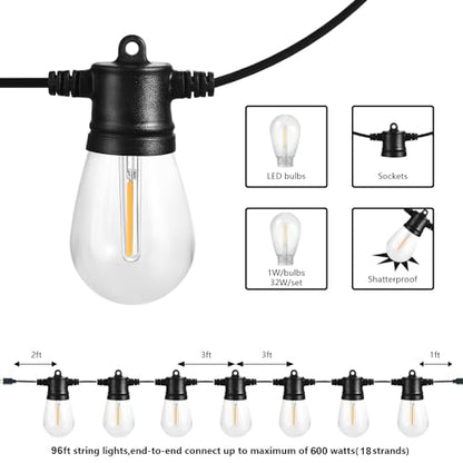 SUNTHIN Outdoor String Lights, 96FT Patio Lights with 32 LED Shatterproof Bulbs, Hanging for Outside, Garden, Backyard, Deck, Porch, Fence, Bistro, Pool, Party - color: Black