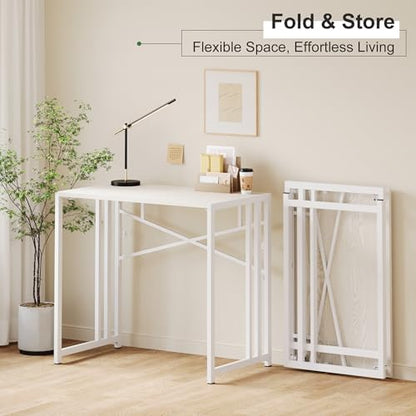 Lutown-Teen 35 inch Small Folding Desk, Natural and White | Writing Gaming Computer Camping Desk for Small Spaces, No Assembly Required Home Office Table - color: Natural and White, size: 35 Inch