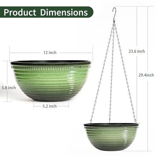Vanslogreen 12 inch Hanging Planters for Indoor Outdoor Plants, 2 Pack Large Hanging Flower Pots with Drainage Holes and Chain, Glazed Hanging Baskets for Home Garden Decoration, Green - color: Green, size: 12inch