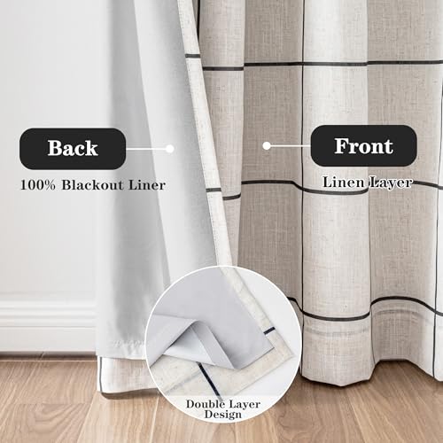 MYSKY HOME 100% Blackout Black Plaid Linen Curtains 84 Inch Long 2 Panels Set Double Layer Farmhouse Thermal Insulated Striped Print Drapes Grommet Top for Bedroom Living Room, 52" W Each Panel - color: Black, size: 52"W x 84"L (Pack of 2)