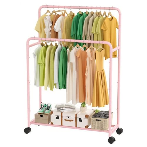 Simple Trending Clothing Clothes Rack, Double Rod Garment Rack, Pink | Portable Closet with Bottom Shelf, Anti-Slip Stoppers, 360° Lockable Wheels, Multiple Uses, Bedroom, Laundry Room - color: Pink