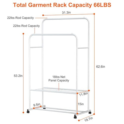 Double Rod Garment Rack with Wheels, Heavy Duty Clothing Racks for Hanging Clothes, Multi-functional Rolling Clothes Organizer, Portable Clothes Rack - size: 19.7"D x 31.3"W x 62.6"H