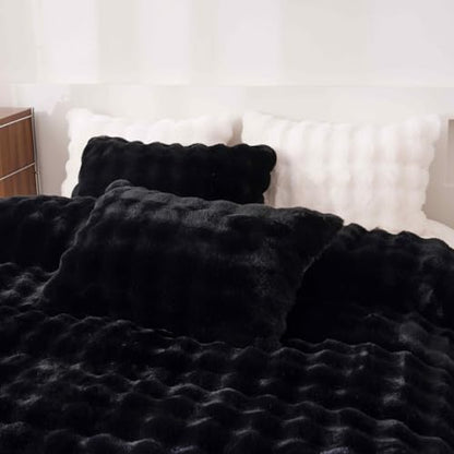 Fluffy Black Duvet Cover Queen Set, Soft Shaggy Plush Rabbit Bedding Set 3 Pieces (1 Fuzzy Comforter Cover + 2 Faux Fur Pillow Cases) Zipper Closure（Black, Queen） - color: Black, size: Queen