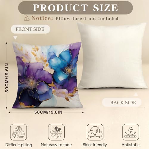 OBSEDE Purple Blue Floral Decorative Throw Pillow Covers 20x20 in Set of 4 | Faux Linen, Single-Sided Art Print, Invisible Zipper, Modern Couch Home Decor, Gift For Friends, Cozy Bed Sofa Cushion Cases - color: Gilded Ink Bloom, size: 20" x 20" (Pack of 4