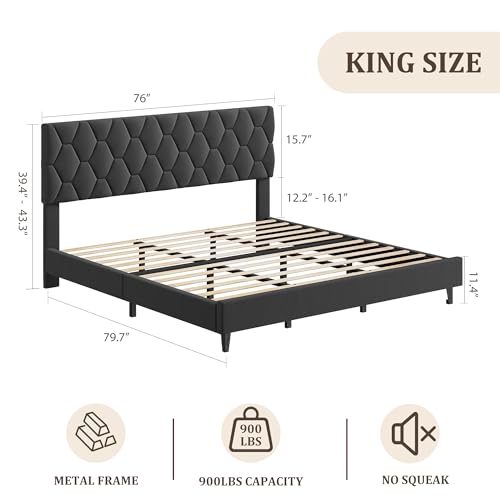 GAOMON Grey King Upholstered Bed Frame with Headboard, Heavy-Duty Platform Bed Frame with Strong Wood Slats, No Box Spring Needed/Easy Assembly/Noise Free | Heavy-Duty Bed Frame with Wooden Slats Support Upholstered Mattress Foundation No Box Spring Neede