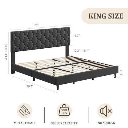 GAOMON Grey King Upholstered Bed Frame with Headboard, Heavy-Duty Platform Bed Frame with Strong Wood Slats, No Box Spring Needed/Easy Assembly/Noise Free | Heavy-Duty Bed Frame with Wooden Slats Support Upholstered Mattress Foundation No Box Spring Neede