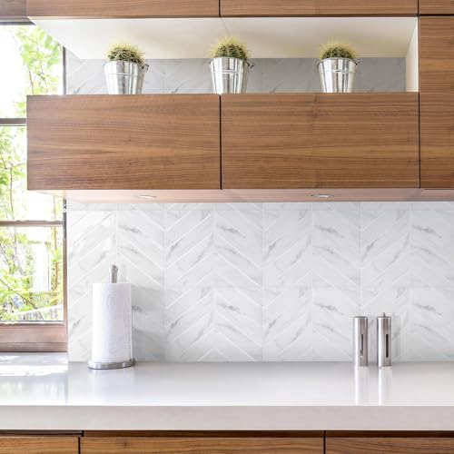 STICKGOO Herringbone Peel and Stick Backsplash, White Marble, 10 Sheets | 12.6 x 9.7 in, Thicker Rectangular Vinyl Stick-On Wall Tiles, Easy Alignment, Waterproof, Easy to Clean, Kitchen/Bathroom - color: White Marble, size: Pack of 10