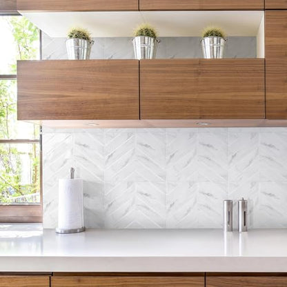 STICKGOO Herringbone Peel and Stick Backsplash, White Marble, 10 Sheets | 12.6 x 9.7 in, Thicker Rectangular Vinyl Stick-On Wall Tiles, Easy Alignment, Waterproof, Easy to Clean, Kitchen/Bathroom - color: White Marble, size: Pack of 10