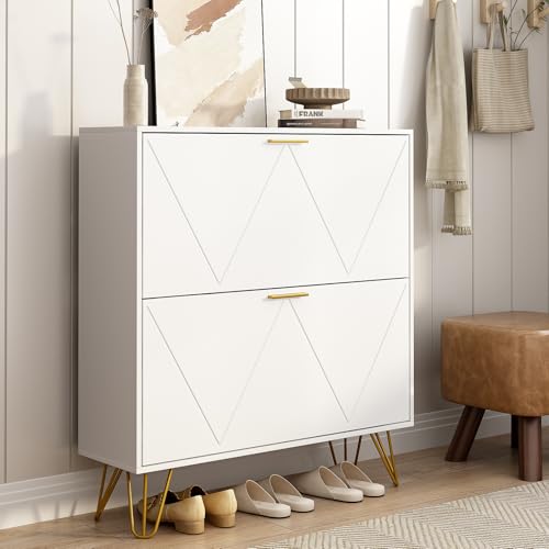 Tradare White Shoe Cabinet Storage for Entryway, Narrow Shoe Cabinet with 2 Flip Drawers,Freestanding Organizer with Fluted Panel for Living Room, Bedroom, Hallway, Closet, Holds 24 Pairs - color: White, size: 1 PC