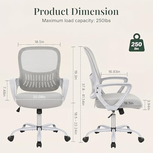 Home Office Desk Chair, Lumbar Support, Mesh Back Computer Chair | Height Adjustable, Mesh Mid-Back, Ergonomic Task Gaming Chair with 360° Swivel Wheels, Lumbar Support, Grey - color: Grey, size: 18.5D'' Flixed Arms