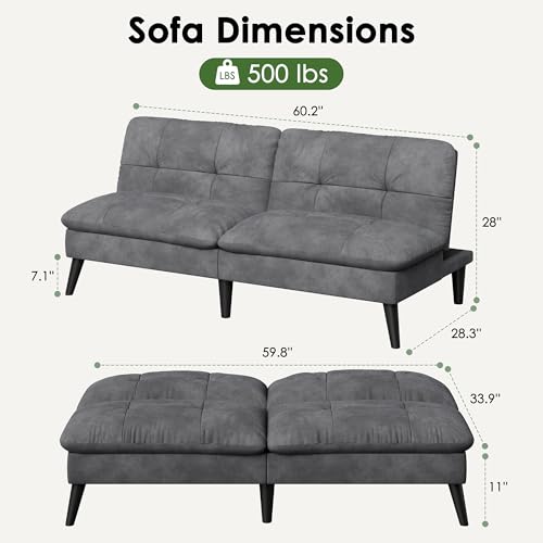 Vongrasig Futon Sofa Bed Velvet Futon Couch with Adjustable Backrest, Small Convertible Folding Sleeper Sofa Bed, Modern Loveseat for Living Room, Bedroom and Small Space, Gray - color: Grey
