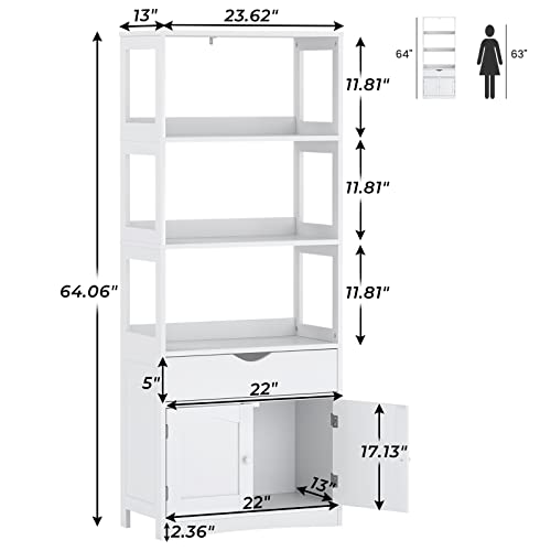 DICTAC Kitchen Pantry Storage Cabinets Freestanding Tall Bathroom Cabinet with Shelves and Drawer 64''H Sideboard Microwave Space Cupboard Organizer for Home Office,White, 23.62x13x64.06inch - size: 23.62x13x64.06inch