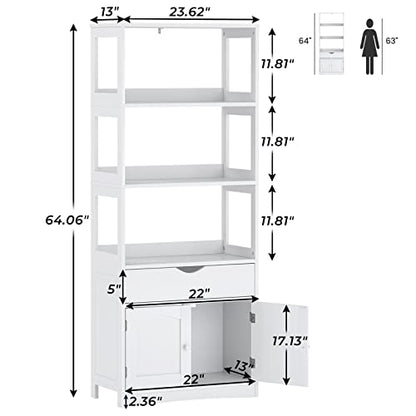 DICTAC Kitchen Pantry Storage Cabinets Freestanding Tall Bathroom Cabinet with Shelves and Drawer 64''H Sideboard Microwave Space Cupboard Organizer for Home Office,White, 23.62x13x64.06inch - size: 23.62x13x64.06inch