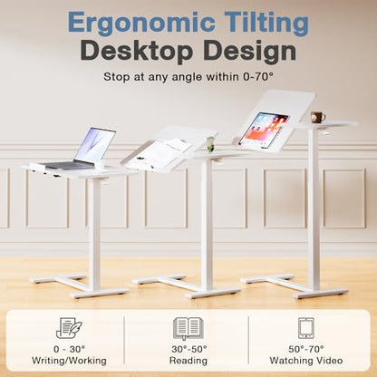 DUMOS Adjustable Bedside Overbed Table with Wheels, White | Laptop Standing Desk with Tilting Top Height, Mobile Rolling Computer Cart for Hospital Home Bedroom Use - color: White, size: 27.5" x 15.7" x 43.3"