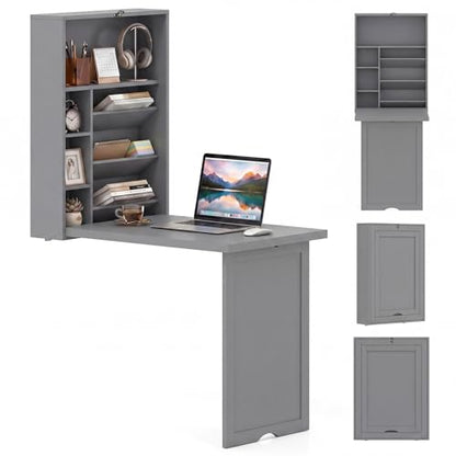 Giantex Wall Mounted Desk, Foldable Convertible Computer Desk with Storage Shelves, Space Saving Fold Out Table, Folding Floating Writing Desk for Small Spaces, Home Office, Bedroom, Apartment (Grey) - color: Grey