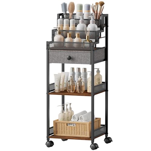 Plaviya Makeup Organizer Cart with Drawer for Vanity and Bathroom 13in | Rolling Skincare Storage Display Stand, Free Standing Cosmetic Organizer for Bedroom, Kitchen, Laundry, 33x13x11.8in - color: Black