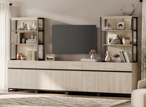 WAMPAT Modern Wall Unit TV Stand with 3 Tiers Bookshelf, Farmhouse Entertainment Center with 4 Storage Cabinets and Adjustable Shelf, Media Console with Black Metal Leg for Living Room, Beige - color: Beige-a