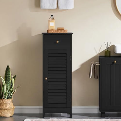 Yaheetech Small Bathroom Storage Cabinet with Drawer & Louvered Door, Black | Slim Free Standing Floor Cabinet Organizer by a Pedestal Sink or Toilet, Hides Tissue and Towels, Shelf inside, MDF Build