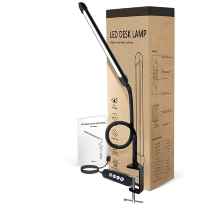 Metal LED Desk Lamp with Clamp, 12W USB Powered Desk Light, 18" Flexible Gooseneck, 3 Color Modes, 10 Brightness Levels, Eye-Caring Lamp for Study, Reading, Work, Home Office, Black